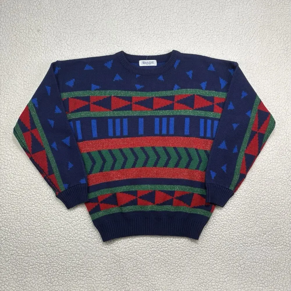 Vintage Mens Geometric Print Sweater Fair Isle Colorful Christmas Metallic Bold
